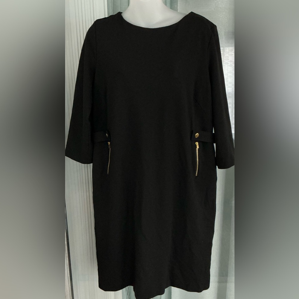 Chico's Ponte Zipper Sheath Dress with 3/4 sleeves and gold-tone hardware